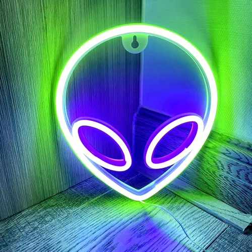 Miniatura 3 de Letrero de neón con cabeza de alienígena, 1 unidad, luz de neón de alienígena verde y morado, USB o 3 pilas AA, divertido letrero de neón iluminado