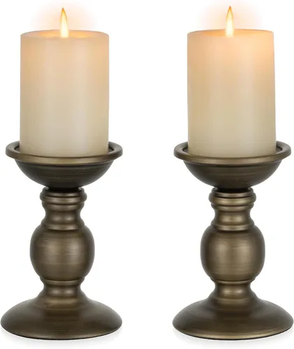 Miniatura 13 de Nuptio Portavelas negro para velas de pilar - Juego de 2 portavelas rústicos Soporte de velas de metal alto Portavelas de pilar retro de otoño