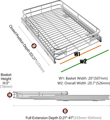 Miniatura 3 de JOWBOOW Organizador de gabinete extraíble (20" An x 21" Pr), Estantes extraíbles para gabinetes de cocina, Cajones deslizables de metal resistente