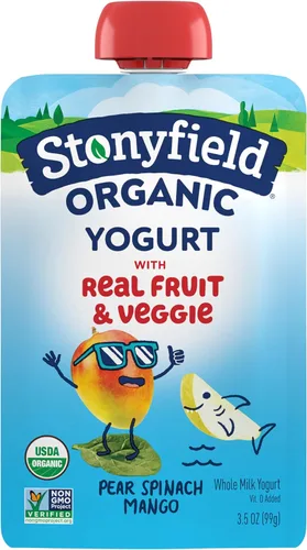 Stonyfield Organic Kids - Bolsa de yogur de leche entera de pera, espinacas, mango, 3.5 onzas, 1 unidad, fruta y verduras reales; baja en grasa, sin