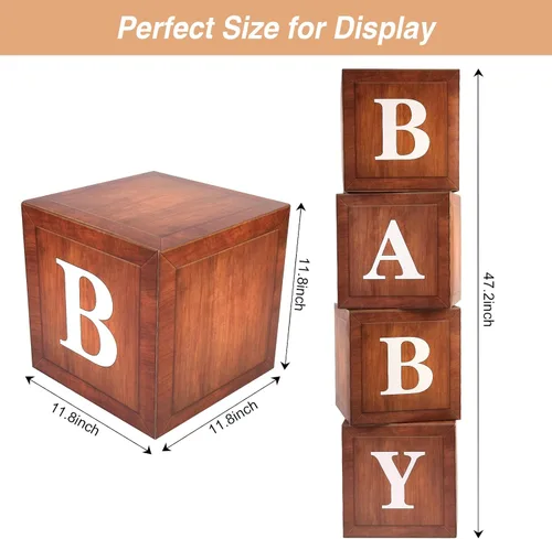Miniatura 6 de Cajas de Baby Shower de Madera Decoraciones de Fiesta - 4 Bloques de Grano de Madera Marrón con Letras BABY Impresas, Fondo de Revelación de Género