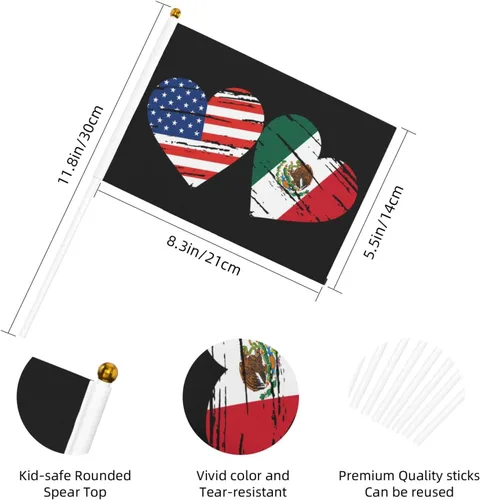 Miniatura 5 de Bandera de México de Estados Unidos, bandera de mano con corazón, tamaño único, tamaño pequeño, mini banderas en palo, decoraciones de fiesta