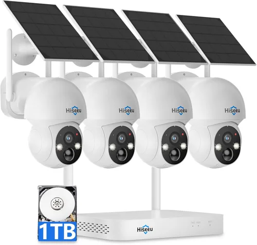 Hiseeu - Cámara solar inalámbrica para exteriores, sistema de cámara de seguridad para el hogar, WiFi de 2.4G y 5G, kit de 4 cámaras de 4MP con