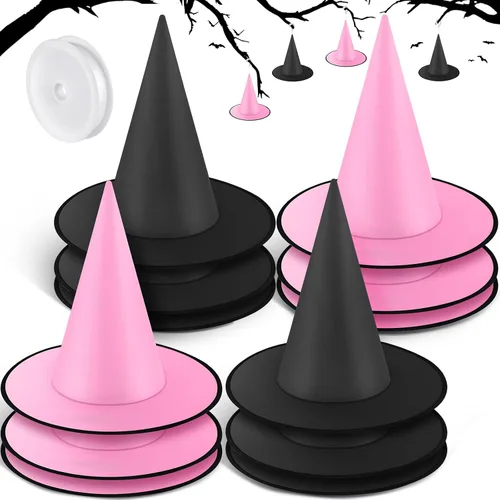 Suhine 12 Pcs Halloween Witch Hat Bulk Hanging Decor with Rope Costume Accessories for Porch Yard Indoor Outdoor Decor