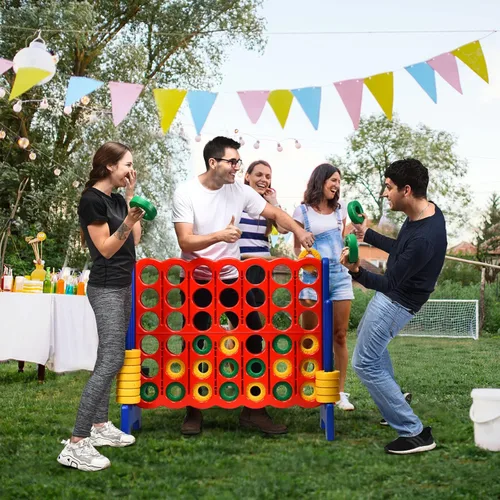 Miniatura 8 de HONEY JOY Juego gigante gigante de 4 a punta, juegos gigantes para patio al aire libre para la familia, 42 anillos jumbo y deslizador de liberación