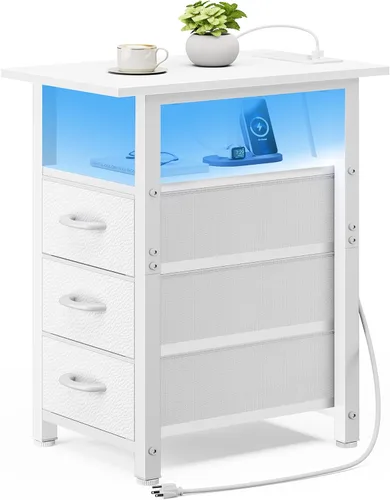 Miniatura 14 de Vagusicc Mesita de noche negra con estación de carga y luces LED, mesa auxiliar estrecha, mesita de noche LED con 3 cajones de tela para dormitorio