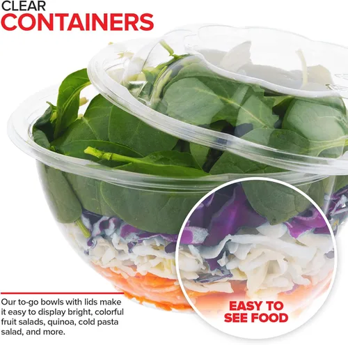 Miniatura 5 de Stock Your Home Tazones para ensaladas de plástico transparente de 32 onzas con tapas desechables (paquete de 50 unidades), recipiente mediano