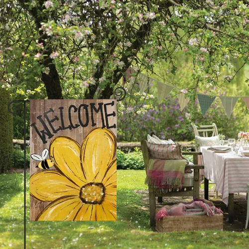 Miniatura 4 de AVOIN colorlife Bandera de jardín de primavera y verano de 12 x 18 pulgadas de doble cara exterior, bandera de grano de madera de bienvenida