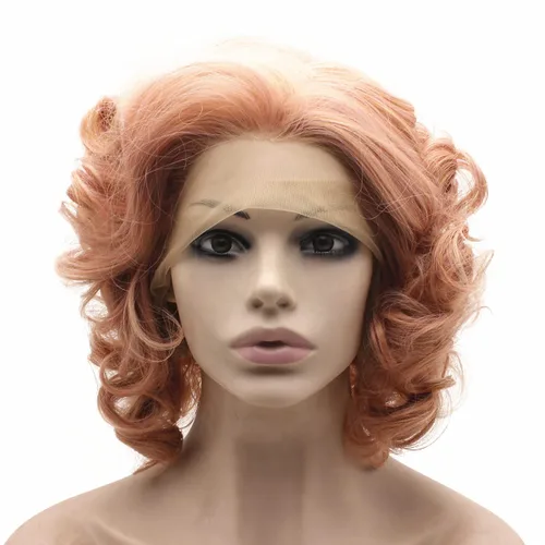 Miniatura 4 de MX angel Pelo sintético rizado corto de la fibra de la peluca rosa del frente del cordón del pelo sintético