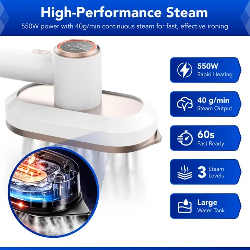 Miniatura 6 de Gearwiz Plancha de estación de vapor 2 en 1, vapor turboalimentado de 1550 W para ropa, calentamiento de 30 segundos, vapor de 3 niveles y planchado