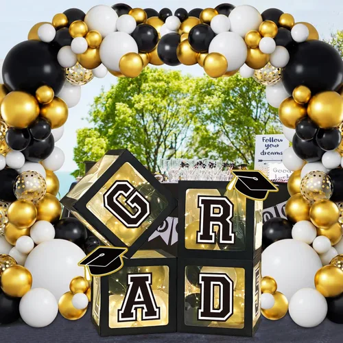 Miniatura 6 de DAZONGE Decoraciones de graduación 2026 negro y dorado – Juego de 4 cajas de graduación con 139 piezas de guirnalda de arco de globos y 4 cuerdas