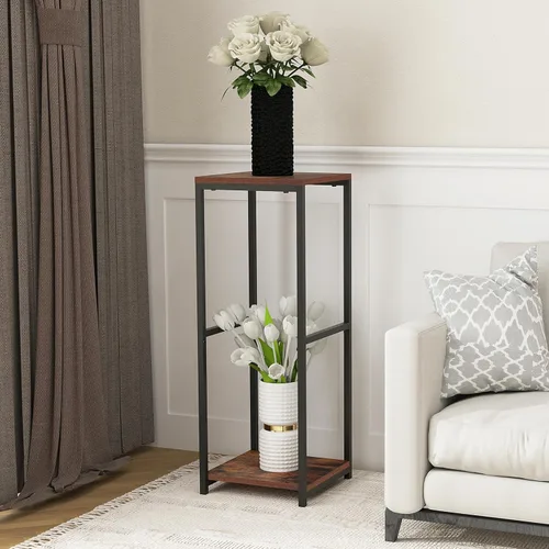 Miniatura 3 de CASIMR - Soporte para plantas de interior, estante alto de metal con tablero cuadrado de madera, estante de exhibición de 2 niveles para múltiples