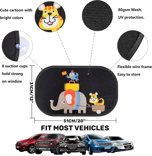 Miniatura 2 de MOVINPE Parasol para auto para bebés y niños, 2 unidades, adhesivo estático para ventana lateral, parasol trasero universal de 80GSM con 8 ventosas