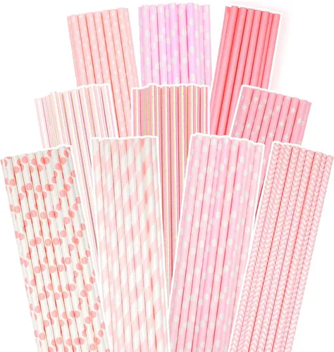 Pajitas de papel rosa 150 piezas Pajitas desechables a granel (10 patrones) qiqee 10 patrón rosa
