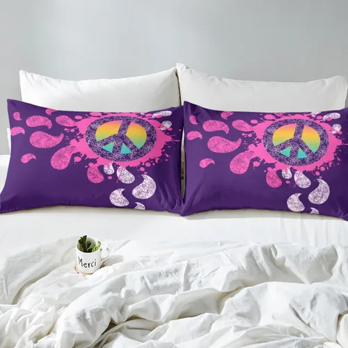 Miniatura 8 de Erosebridal - Juego de sábanas hippie para niños, tamaño doble, diseño de signo de la paz púrpura, sábana bajera bohemia, exótica para niños