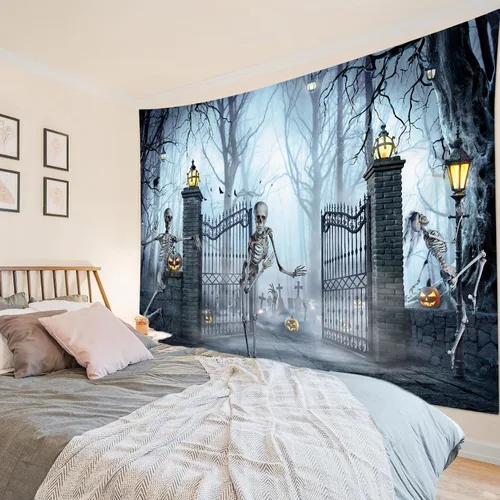 Miniatura 3 de HVEST Tapiz de Halloween para colgar en la pared, esqueleto de terror, cráneo, cementerio, calabaza, farol, bosque muerto, tapiz nocturno