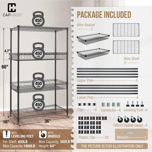 Miniatura 3 de CAPHAUS NSF - Estantería comercial de alambre de 4 niveles con dos cestas rectangulares, ruedas, pies niveladores, estante de metal