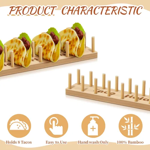 Miniatura 3 de Pinkunn 4 bandejas de bambú para tacos, 8 bandejas de tacos suaves o rígidos, soporte de madera para servir alimentos para tortillas, burritos