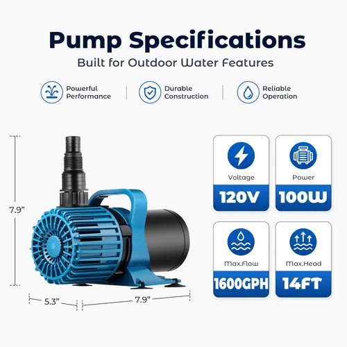 Miniatura 2 de TONGCHANT Bomba de estanque, 1600 GPH y elevación de 14 pies, bomba de agua sumergible de 100 W para fuente de estanque de peces, cascada y función