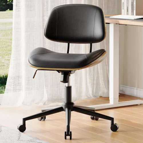 Miniatura 7 de Silla de oficina sin brazos con ruedas, silla de escritorio de piel sintética de altura ajustable, silla de computadora ergonómica giratoria de 360°