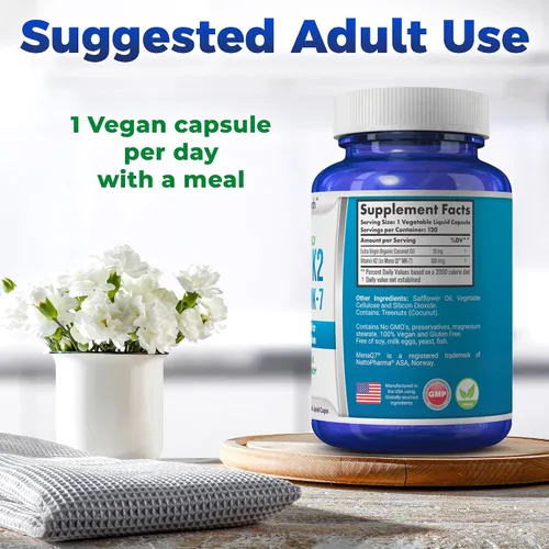 Miniatura 6 de Vitamina K2 MK7 (MenaQ7) 100 mcg con aceite de coco para una absorción superior, suplemento de salud dietética, 120 cápsulas líquidas veganas