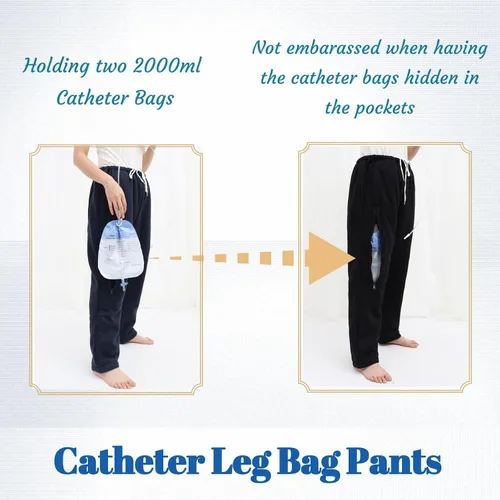Miniatura 3 de Pantalones de catéter para hombres y mujeres, pantalones con soporte para bolsas de orina y piernas con bolsillos dobles con cremallera para dos