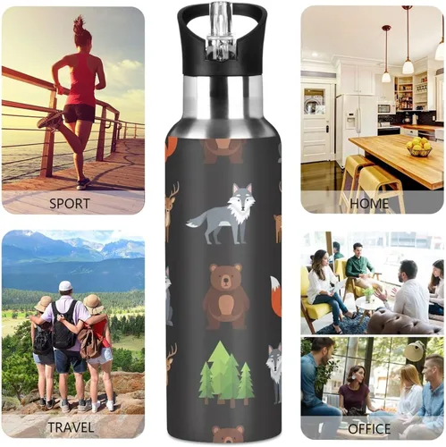 Miniatura 5 de Animals Foxes Forest Black Insulated Stainless Steel Water Bottle with Straw 20 Oz, BPA-Free Sport Water Bottle Leakproof Water Bottles