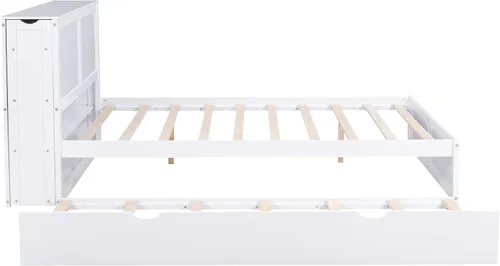 Miniatura 8 de RUNNA Elegante cama de plataforma de tamaño Queen con estantes extraíbles, cama de almacenamiento de madera con nido de tamaño individual