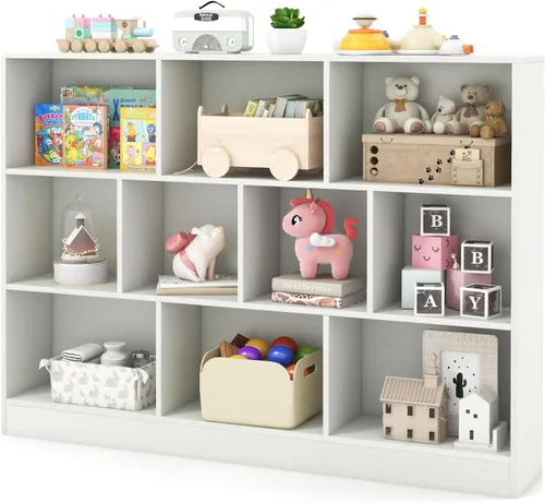 Miniatura 8 de HONEY JOY Organizador de almacenamiento de juguetes para niños, gabinete de almacenamiento de piso de madera de 10 secciones, baúl de juguetes