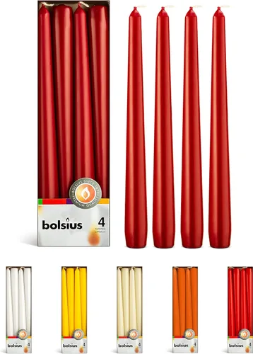 BOLSIUS Velas cónicas de color rojo oscuro, paquete de 4 velas sin perfume de 10 pulgadas, 8 horas de tiempo de combustión, calidad europea premium,