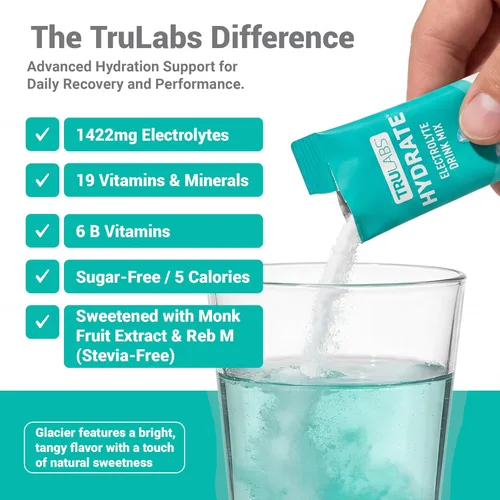 Miniatura 2 de TRULABS Hydrate - Mezcla de bebida con electrolitos – Sabor glaciar, paquetes de hidratación sin azúcar con electrolitos de 1422 mg y 19 vitaminas