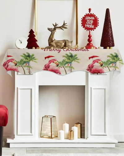 Miniatura 5 de Bufanda de manto de Feliz Navidad, 60 x 17 pulgadas, flamenco tropical, palmera, chimenea, mantel de chimenea, cubierta de mantel para Navidad