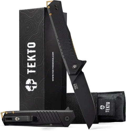 Miniatura 13 de TEKTO F1 Alpha - Cuchillo de bolsillo plegable, hoja trasera recta modificada, acero D2 recubierto de titanio, ideal para acampar y mochileros al