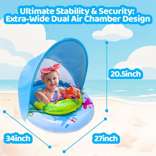 Miniatura 5 de Flotador de piscina para bebé con toldo UPF50+ y consola de juego de juguete oceánico, asiento de seguridad ajustable, flotador de natación