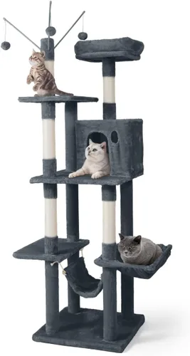 Miniatura 11 de BOWHAUS Árbol alto para gatos grandes o gatitos de interior, árbol de actividades para gatos de varios niveles con postes rascadores, hamaca