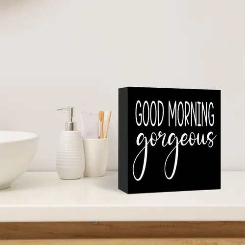Miniatura 4 de Divertido letrero de madera negra para baño, con texto en inglés "Good Morning Gorgeous Wood Block" para baño, estante de baño, baño, hogar, mesa