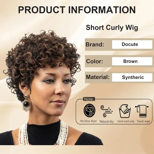 DOcute Pelucas de corte pixie para mujeres negras, pelucas de corte corto para mujer, peluca rizada marrón oscuro con flequillo, peluca corta marrón