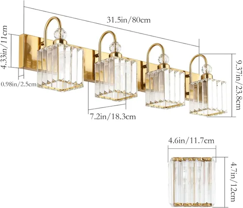 Miniatura 4 de Ralbay - Luces de tocador de baño de cristal doradas, 4 luces, para usar sobre el espejo, modernas lámparas de pared de baño de cristal dorado