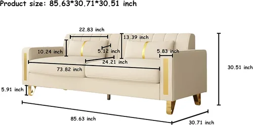 Miniatura 2 de Sofá cama modular de tela de terciopelo de 85.62 pulgadas, 3 asientos, fácil de montar con 2 almohadas de sofá, patas de metal dorado para sala