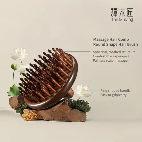 Miniatura 4 de TAN MUJIANG Peine de madera hecho a mano, diseño de anillo, masaje del cuero cabelludo, cuidado nutritivo del cabello 3.35 × 1.69 pulgadas