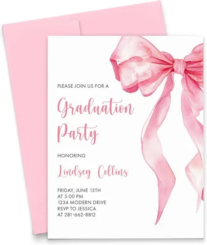 Miniatura 6 de Modern Pink Paper Invitaciones para fiesta de graduación con gorra y diploma 2025, invitaciones personalizadas para fiesta de graduación con borde