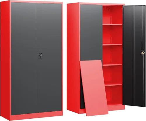 Miniatura 10 de Yizosh Armario de almacenamiento de metal para garaje con cerradura, gabinete de herramientas de bloqueo de 71 pulgadas con 2 puertas y 4 estantes
