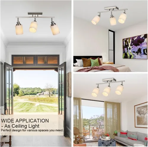 Miniatura 3 de TODOLUZ Accesorios de iluminación de riel para techo, 3 luces de níquel cepillado para pared de techo con vidrio blanco ópalo, base de bombilla E26