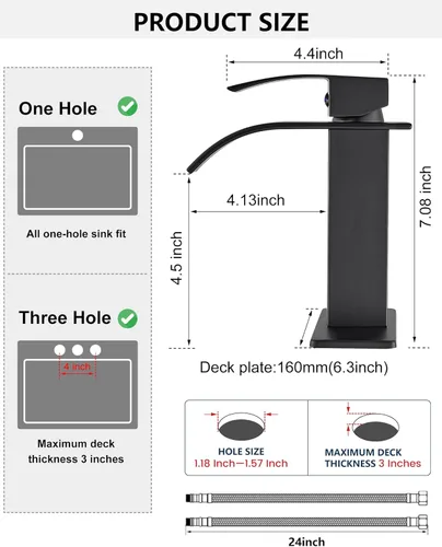 Miniatura 7 de Midanya Grifo de baño con boquilla de cascada de una sola manija, grifo de lavabo de baño de 1 agujero, moderno grifo de lavabo de lavabo de RV