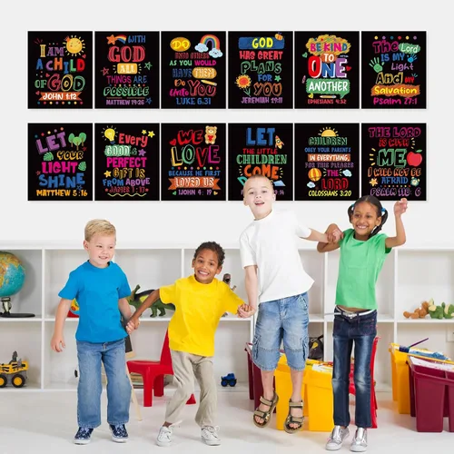 Miniatura 6 de Cinrobiye 12 carteles con versículo bíblico para niños, arte de pared cristiano inspirador con citas de las Escrituras, decoración religiosa