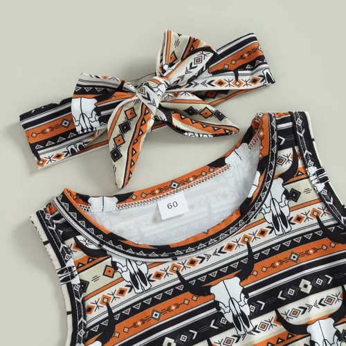 Miniatura 5 de Karuedoo Ropa occidental para bebé niña, con estampado de vaca, sin mangas, con pompones, traje de una pieza con diadema