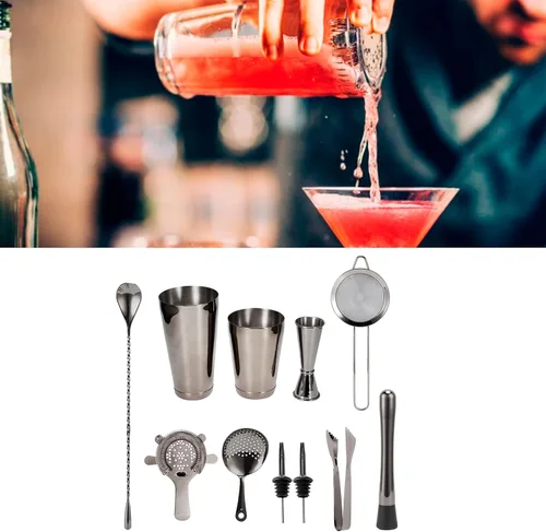 Miniatura 4 de Juego de coctelera de 11 piezas, kit de barman de acero inoxidable, kit de camarero para fiestas en casa y utensilios de bar (negro)