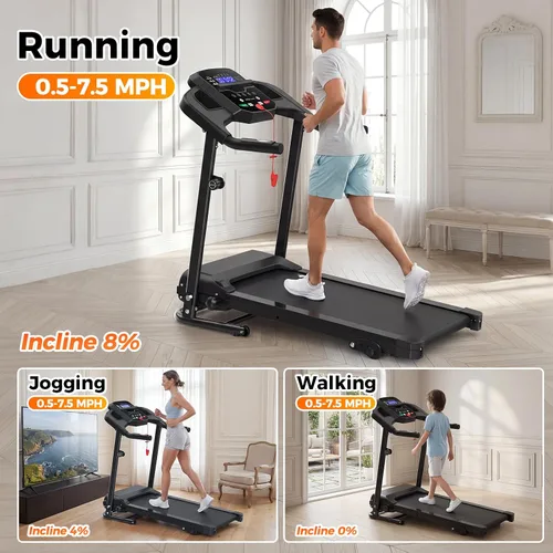 Miniatura 8 de Lastforever Caminadora plegable para uso doméstico, motor silencioso de 2.5 HP, 0.5 a 7.5 MPH con 8% de inclinación manual, cinta de correr Negro