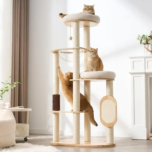 Miniatura 11 de Árbol Moderno de Madera Maciza para Gatos Adultos Grandes de Interior, Torre para Gatos de 50 Pulgadas de Alto con Postes Rascadores de Sisal, 50.0
