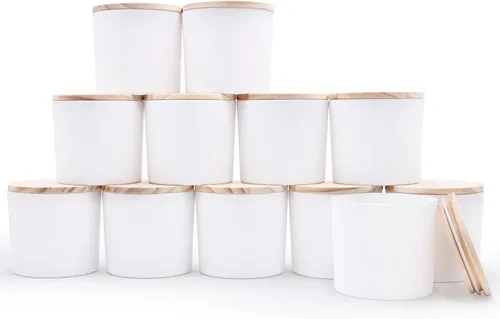 Miniatura 46 de SHOWIN Tarros de vela gruesos de 14 OZ para hacer velas 12 Piezas, tarros vacíos de 3 mechas con tapas de madera para hacer velas, recipiente